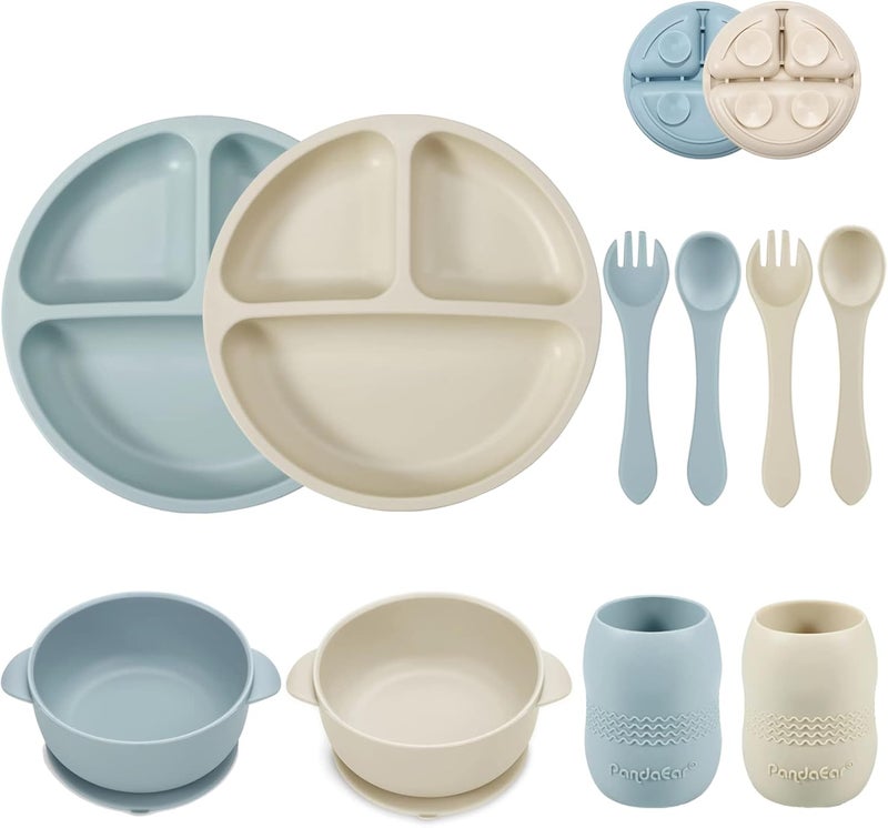 PandaEar طقم تغذية الأطفال من السيليكون | 2 طبق مسطح مقسم مع شفط + 2 وعاء مع شفط + 2 كوب صغير مع 2 ملعقة | أدوات التغذية الذاتية للأطفال (أزرق أبيض) - Image 1